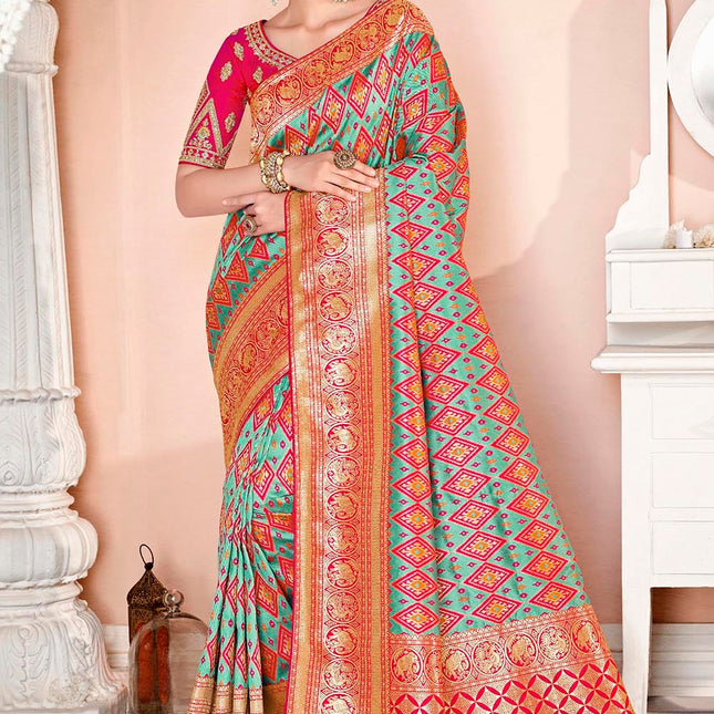 Cyan Blue Silk Saree Woven Banarasi Design