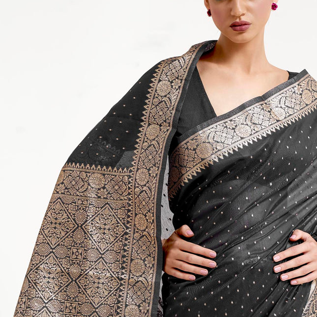 Mukaish Work Night Black Woven Banarasi Silk Saree