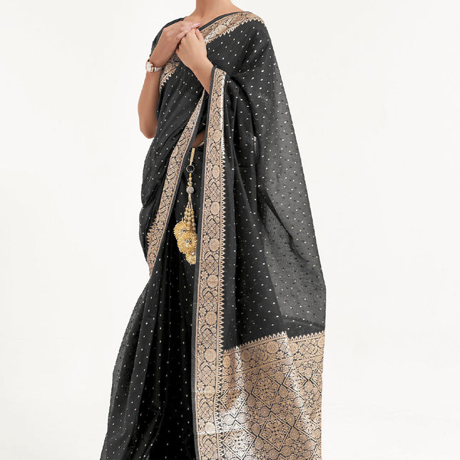 Mukaish Work Night Black Woven Banarasi Silk Saree