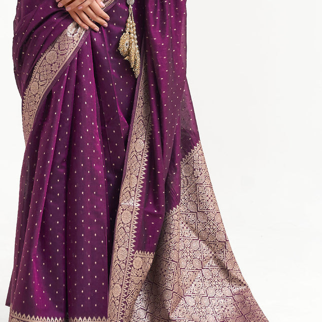 Mukaish Work Purple Woven Banarasi Silk Saree
