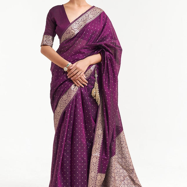Mukaish Work Purple Woven Banarasi Silk Saree