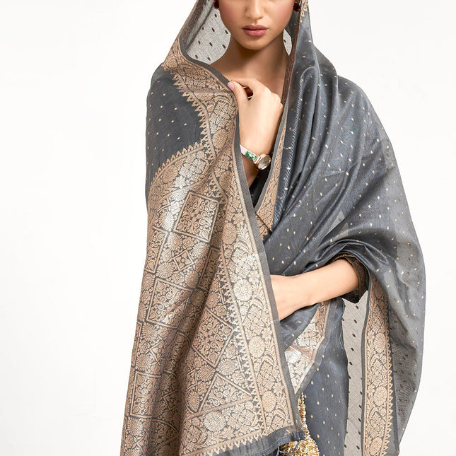 Grey Woven Banarasi Silk Saree with Mukaish work