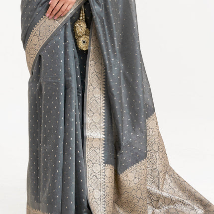 Grey Woven Banarasi Silk Saree with Mukaish work
