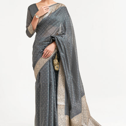 Grey Woven Banarasi Silk Saree with Mukaish work