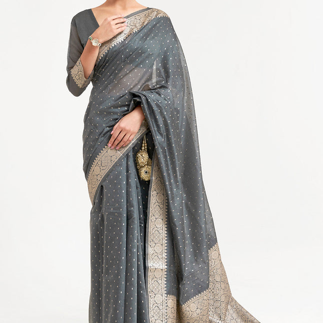 Grey Woven Banarasi Silk Saree with Mukaish work