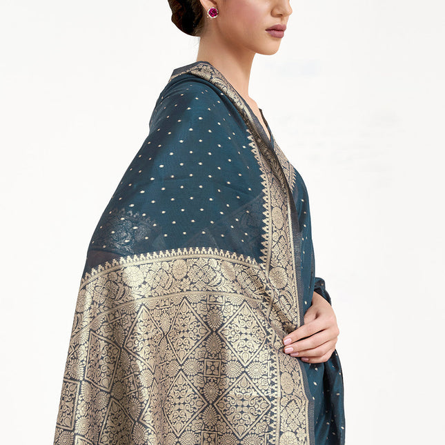 Dark Blue Woven Banarasi Silk Saree with Mukaish work