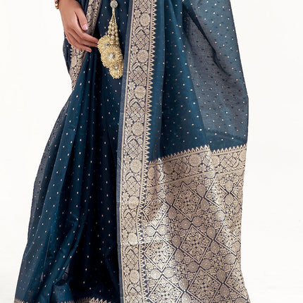Dark Blue Woven Banarasi Silk Saree with Mukaish work