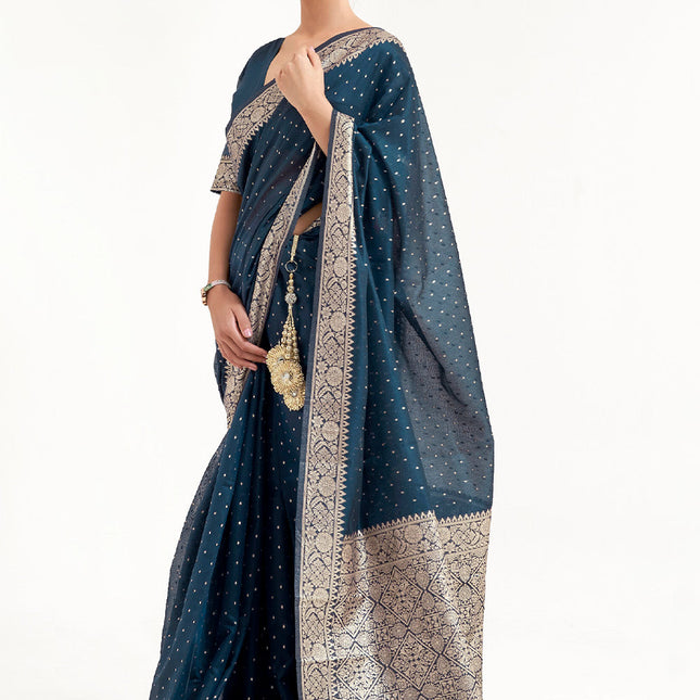 Dark Blue Woven Banarasi Silk Saree with Mukaish work