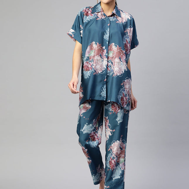 Piroh Womens Art Silk Floral Print Top and Pant Co-ord Set (Blue)