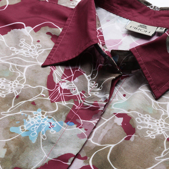 Piroh Womens Art Silk Floral Print Top and Pant Co-ord Set (Maroon)