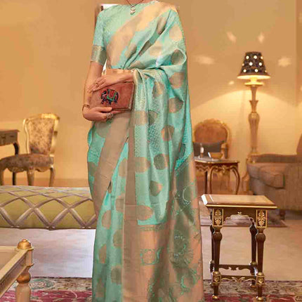 Ocean Green Handloom Weave Banarasi Silk Saree