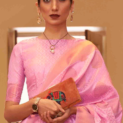 Flamingo Pink Handloom Weave Banarasi Silk Saree