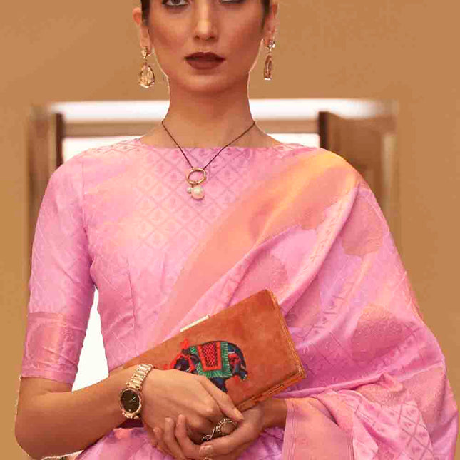 Flamingo Pink Handloom Weave Banarasi Silk Saree