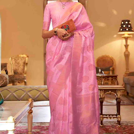 Flamingo Pink Handloom Weave Banarasi Silk Saree