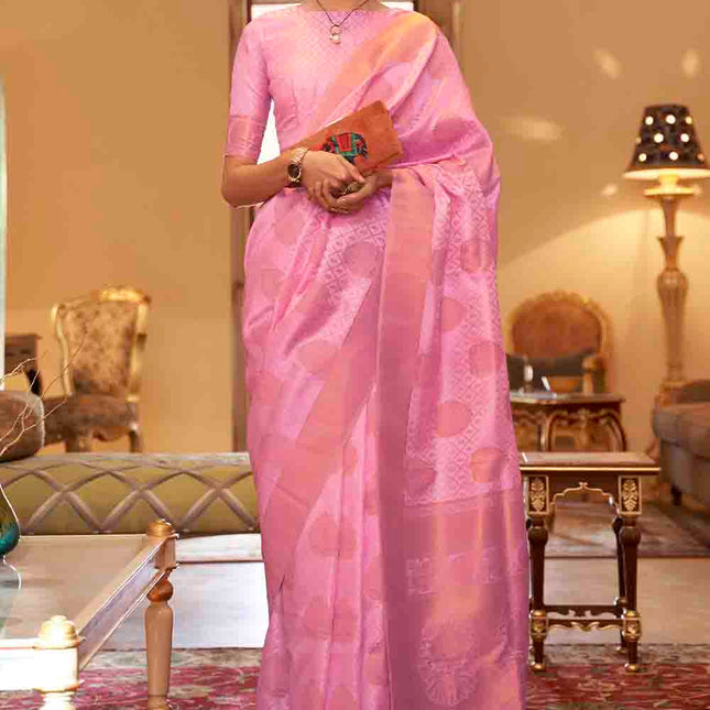Flamingo Pink Handloom Weave Banarasi Silk Saree