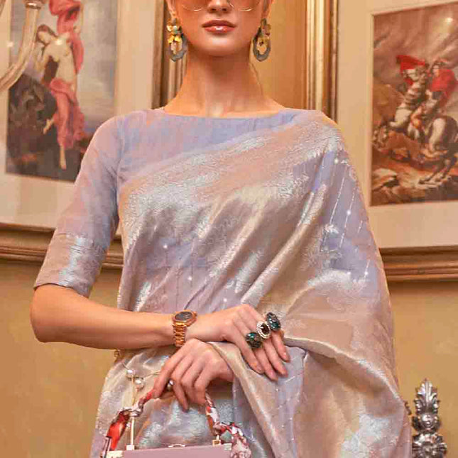 Livid Blue Grey Woven Banarasi Silk Saree with Sequins work