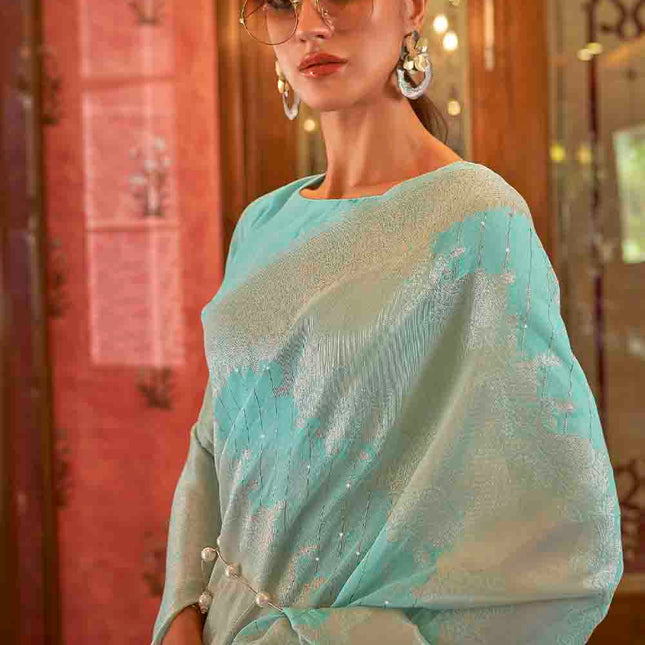 Coral Blue Woven Banarasi Silk Saree with Sequins work