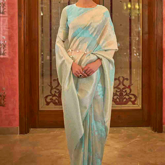 Coral Blue Woven Banarasi Silk Saree with Sequins work