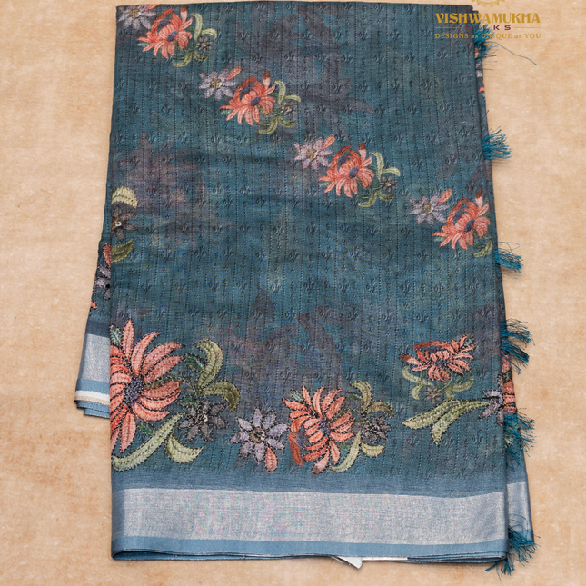 Linen Sarees-VSL09 Peacock blue