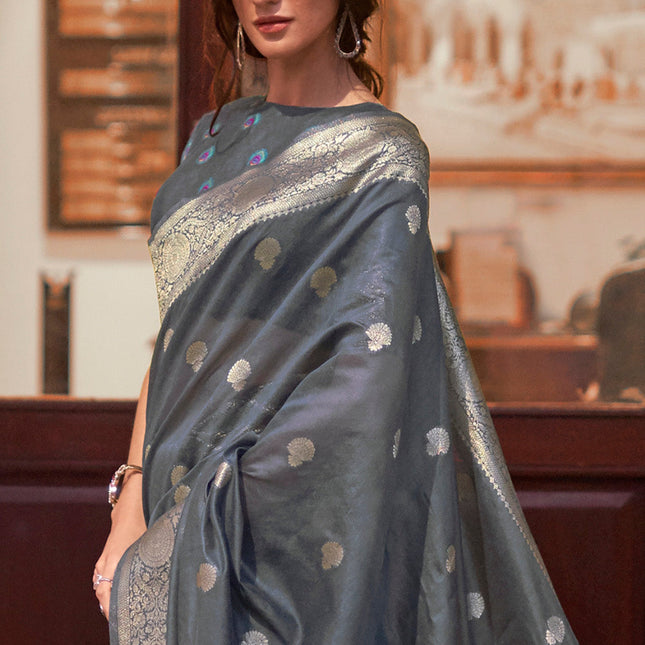 Dark Grey Woven Chanderi Banarasi Fusion Silk Saree