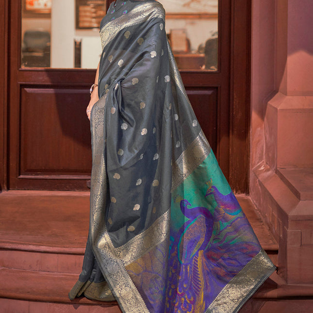 Dark Grey Woven Chanderi Banarasi Fusion Silk Saree