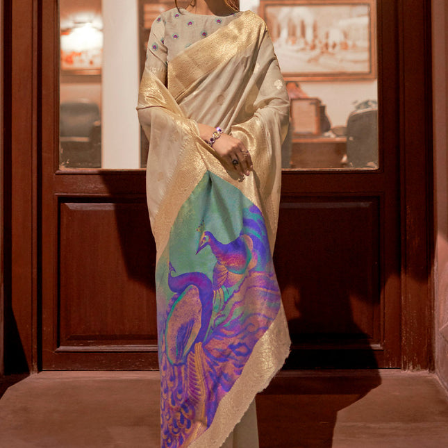 Off White Woven Chanderi Banarasi Fusion Silk Saree