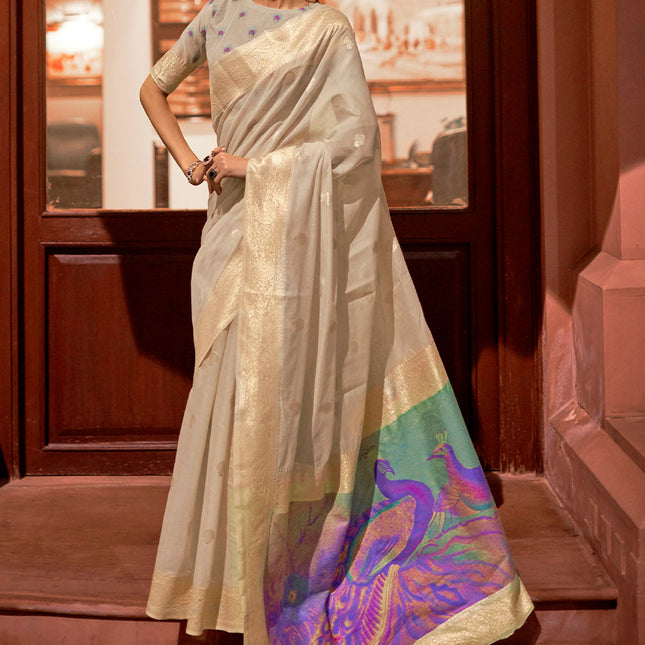 Off White Woven Chanderi Banarasi Fusion Silk Saree