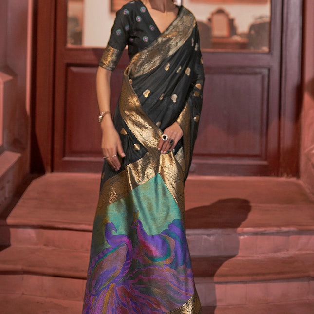 Dark Black Woven Chanderi Banarasi Fusion Silk Saree