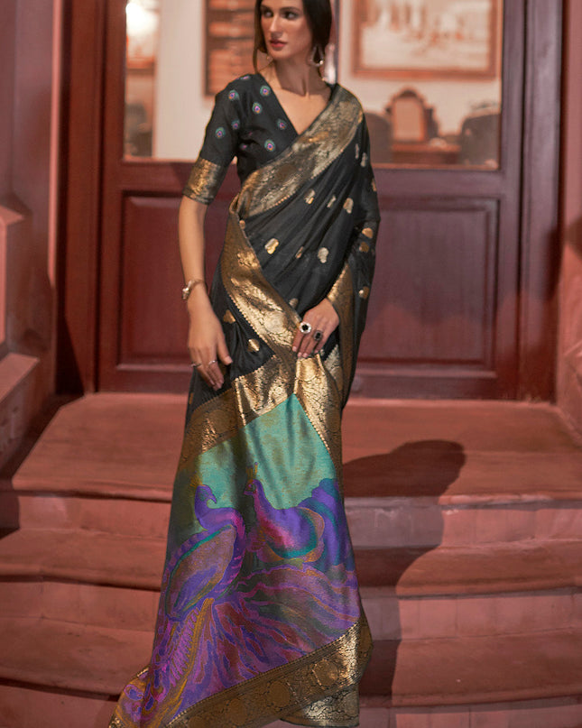 Dark Black Woven Chanderi Banarasi Fusion Silk Saree