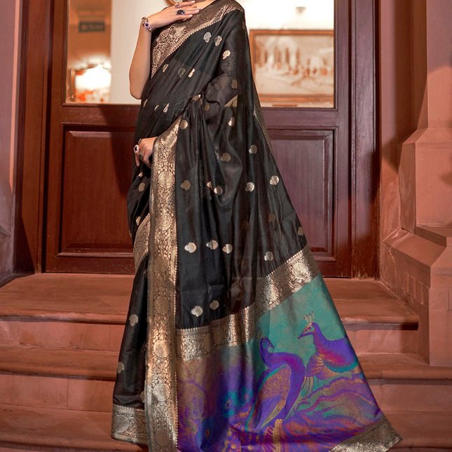 Dark Black Woven Chanderi Banarasi Fusion Silk Saree