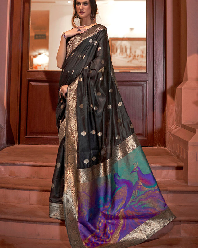 Dark Black Woven Chanderi Banarasi Fusion Silk Saree