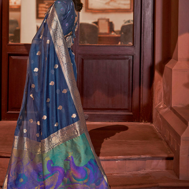 Navy Blue Woven Chanderi Banarasi Fusion Silk Saree