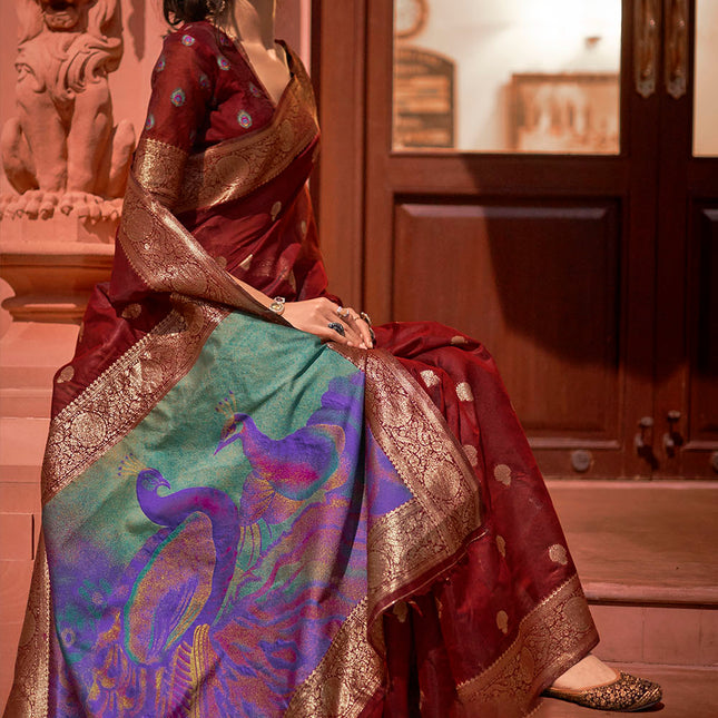 Garnet Red Woven Chanderi Banarasi Fusion Silk Saree