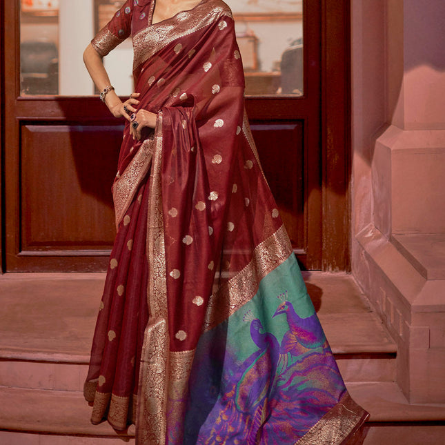 Garnet Red Woven Chanderi Banarasi Fusion Silk Saree