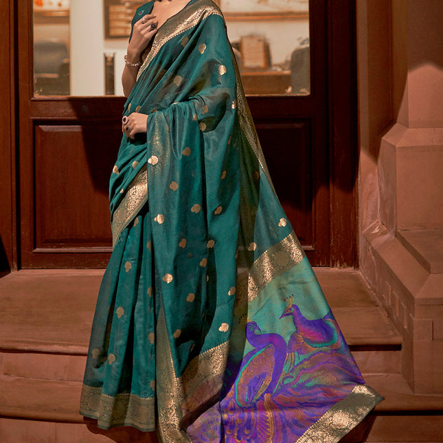 Emerald Green Woven Chanderi Banarasi Fusion Silk Saree