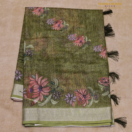 Linen Sarees-VSL10 Mehandi green