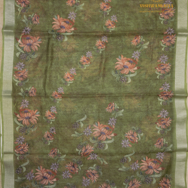 Linen Sarees-VSL10 Mehandi green
