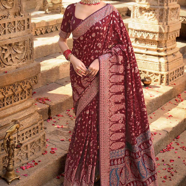 Redish Brown Traditional Kora Silk Banarasi Weaving Saree