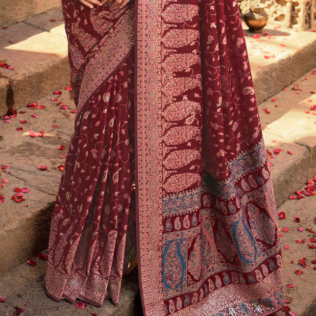 Redish Brown Traditional Kora Silk Banarasi Weaving Saree