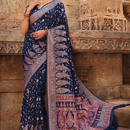 Berry Blue Traditional Kora Silk Banarasi Weaving Saree