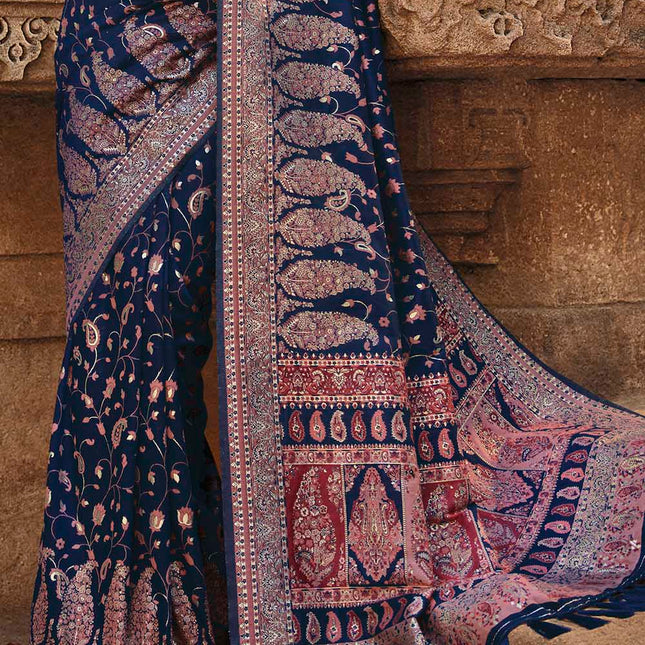 Berry Blue Traditional Kora Silk Banarasi Weaving Saree