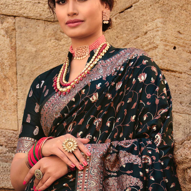 Sable Black Traditional Kora Silk Banarasi Weaving Saree