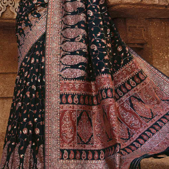 Sable Black Traditional Kora Silk Banarasi Weaving Saree