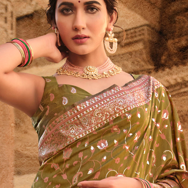 Dark Green Traditional Kora Silk Banarasi Weaving Saree