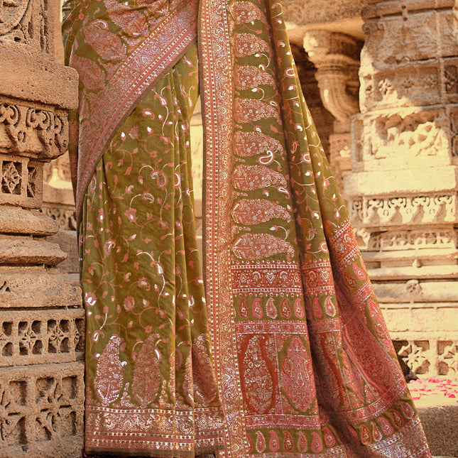 Dark Green Traditional Kora Silk Banarasi Weaving Saree