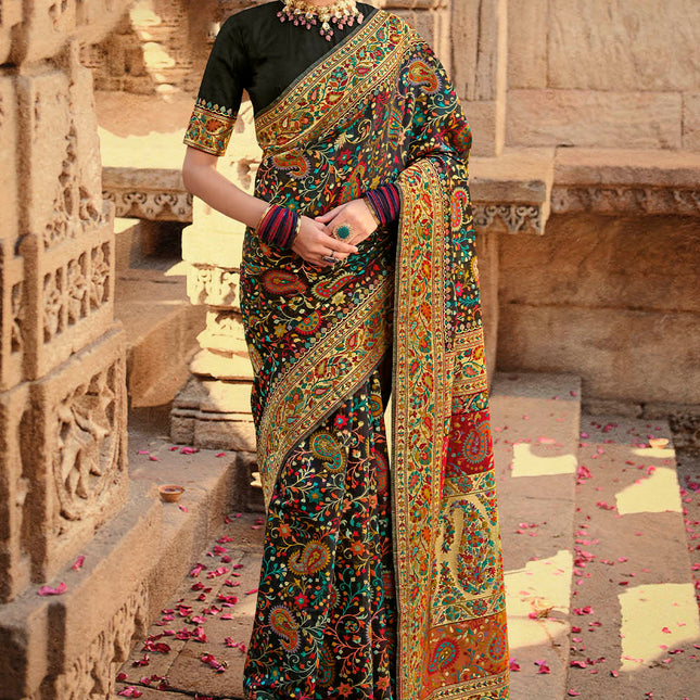 Jet Black Traditional Kora Silk Banarasi Weaving Saree