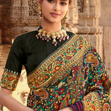 Jet Black Traditional Kora Silk Banarasi Weaving Saree