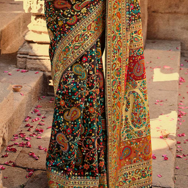 Jet Black Traditional Kora Silk Banarasi Weaving Saree