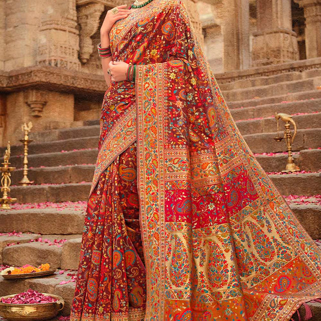 Blood Red Traditional Kora Silk Banarasi Weaving Saree
