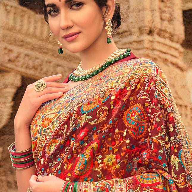 Blood Red Traditional Kora Silk Banarasi Weaving Saree